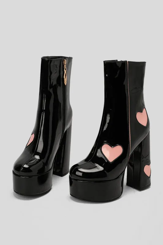 Black PU Leather Platform Chunky Block High Heel Boots with Pink Hearts sold by Zapaka