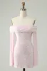 Sparkly Pink Bodycon Off The Shoulder Sequin Homecoming Dress with Long Sleeves sold by Zapaka