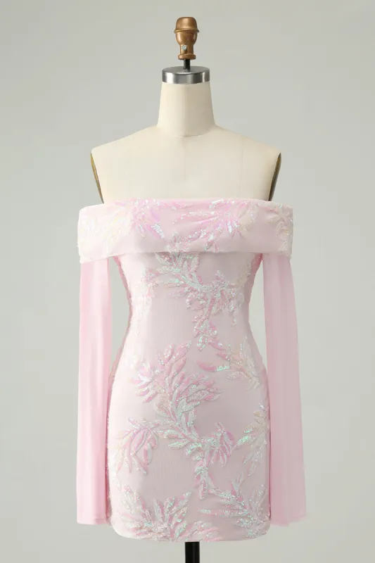 Sparkly Pink Bodycon Off The Shoulder Sequin Homecoming Dress with Long Sleeves sold by Zapaka