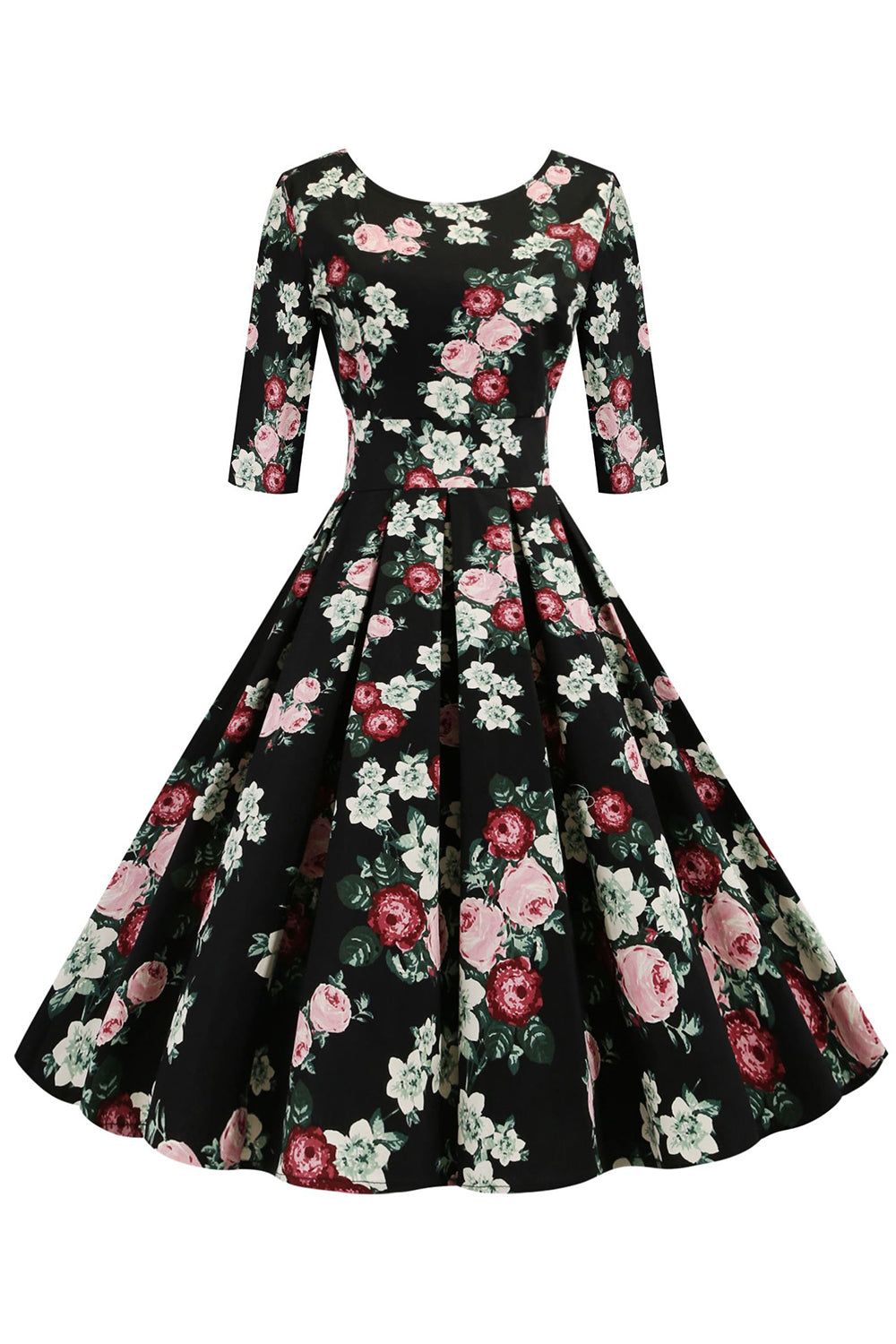 Black Half Sleeves Floral Printed 1950s Dress sold by Zapaka