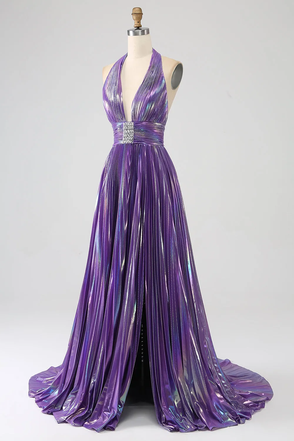 Glitter Purple Pleated Metallic Long Prom Dress with Slit sold by Zapaka product image thumbnail 3