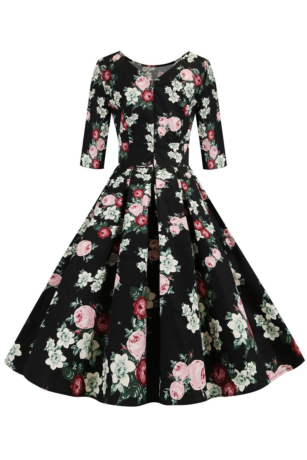 Black Half Sleeves Floral Printed 1950s Dress sold by Zapaka product image thumbnail 2