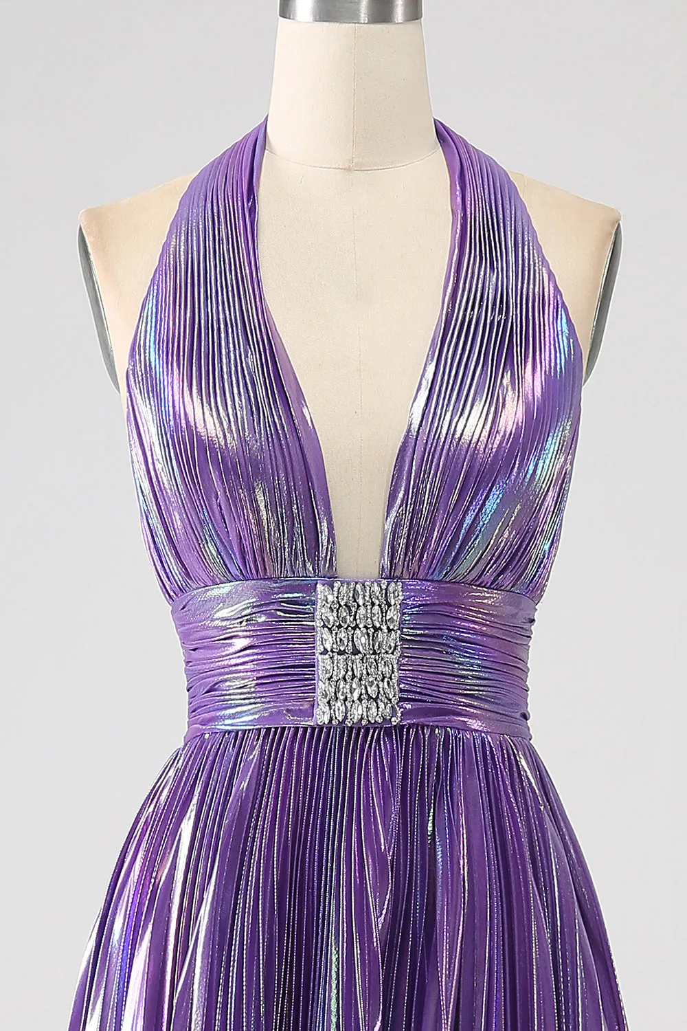 Glitter Purple Pleated Metallic Long Prom Dress with Slit sold by Zapaka product image thumbnail 4
