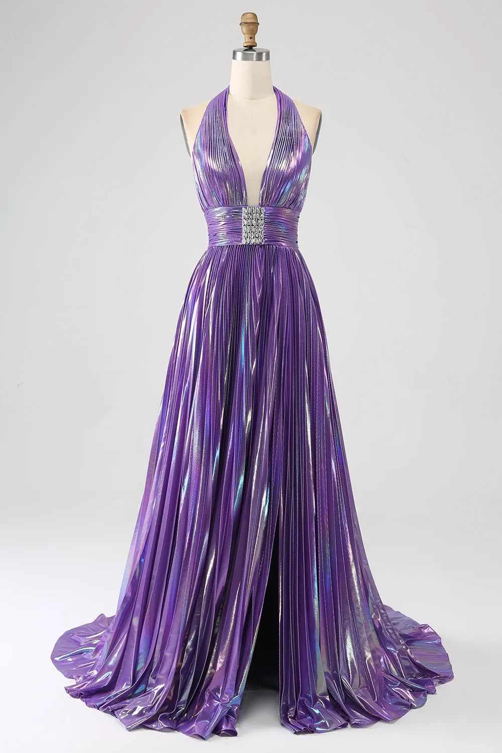 Glitter Purple Pleated Metallic Long Prom Dress with Slit sold by Zapaka