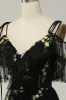 A-Line V-Neck Spaghetti Straps Embroidery Black Long Prom Dress with Slit sold by Zapaka
