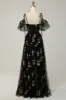 A-Line V-Neck Spaghetti Straps Embroidery Black Long Prom Dress with Slit sold by Zapaka