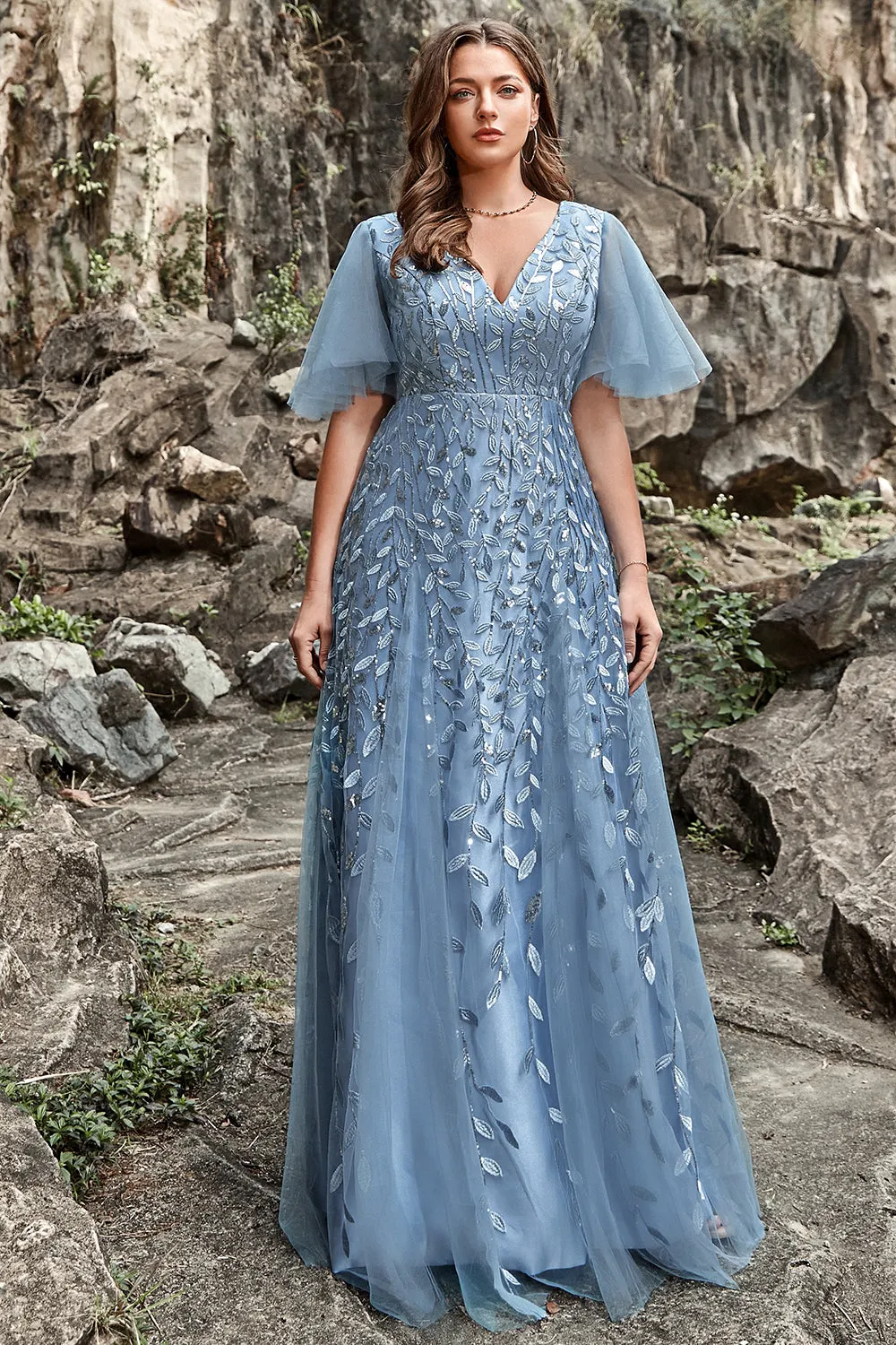 A Line V Neck Grey Blue Plus Size Prom Dress with Appliques sold by Zapaka