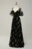 A-Line V-Neck Spaghetti Straps Embroidery Black Long Prom Dress with Slit sold by Zapaka