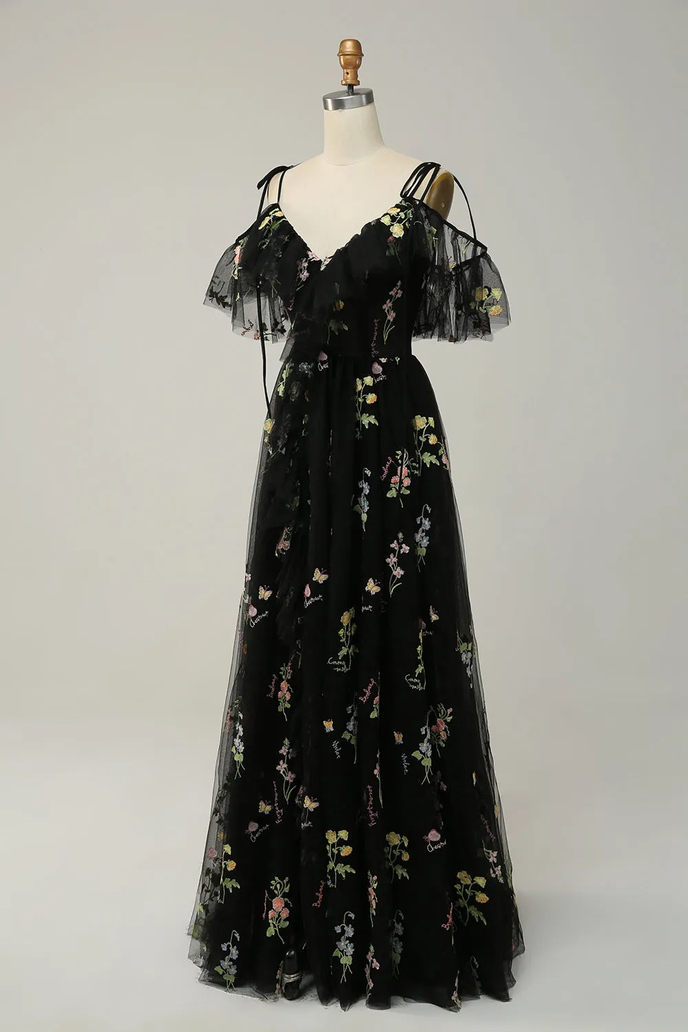 A-Line V-Neck Spaghetti Straps Embroidery Black Long Prom Dress with Slit sold by Zapaka product image thumbnail 3