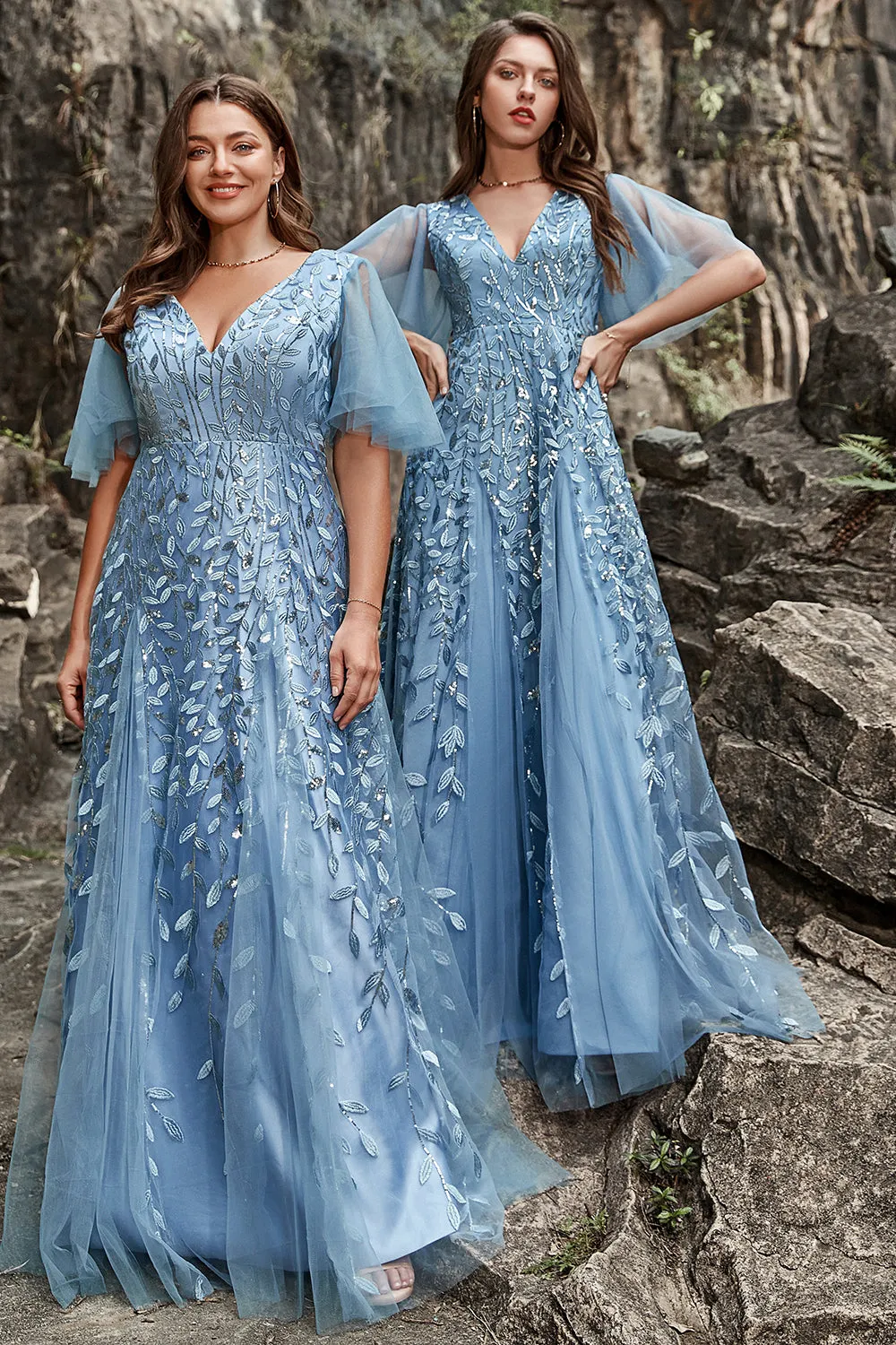 A Line V Neck Grey Blue Plus Size Prom Dress with Appliques sold by Zapaka product image thumbnail 3