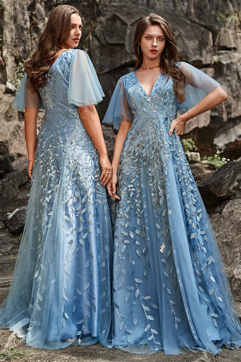 A Line V Neck Grey Blue Plus Size Prom Dress with Appliques sold by Zapaka product image thumbnail 2