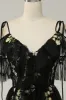 A-Line V-Neck Spaghetti Straps Embroidery Black Long Prom Dress with Slit sold by Zapaka