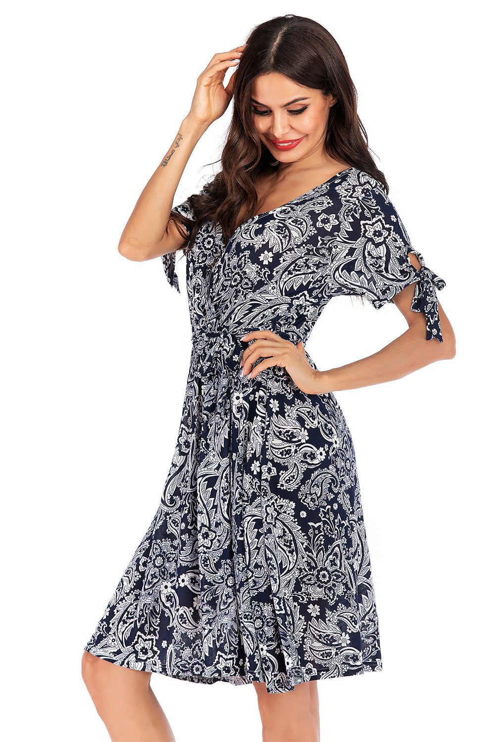 Navy Floral Short Sleeves Boho Dress sold by Zapaka product image thumbnail 4
