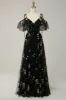 A-Line V-Neck Spaghetti Straps Embroidery Black Long Prom Dress with Slit sold by Zapaka