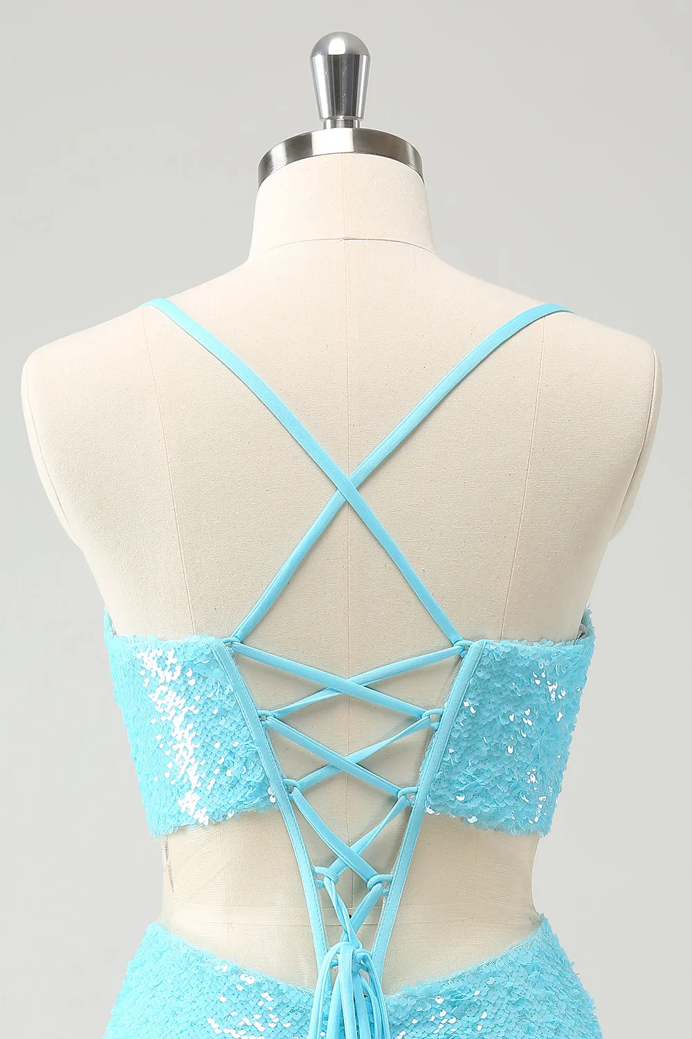 Sparkly Light Blue Spaghetti Straps Sequin Tight Homecoming Dress with Hollow Out sold by Zapaka product image thumbnail 5