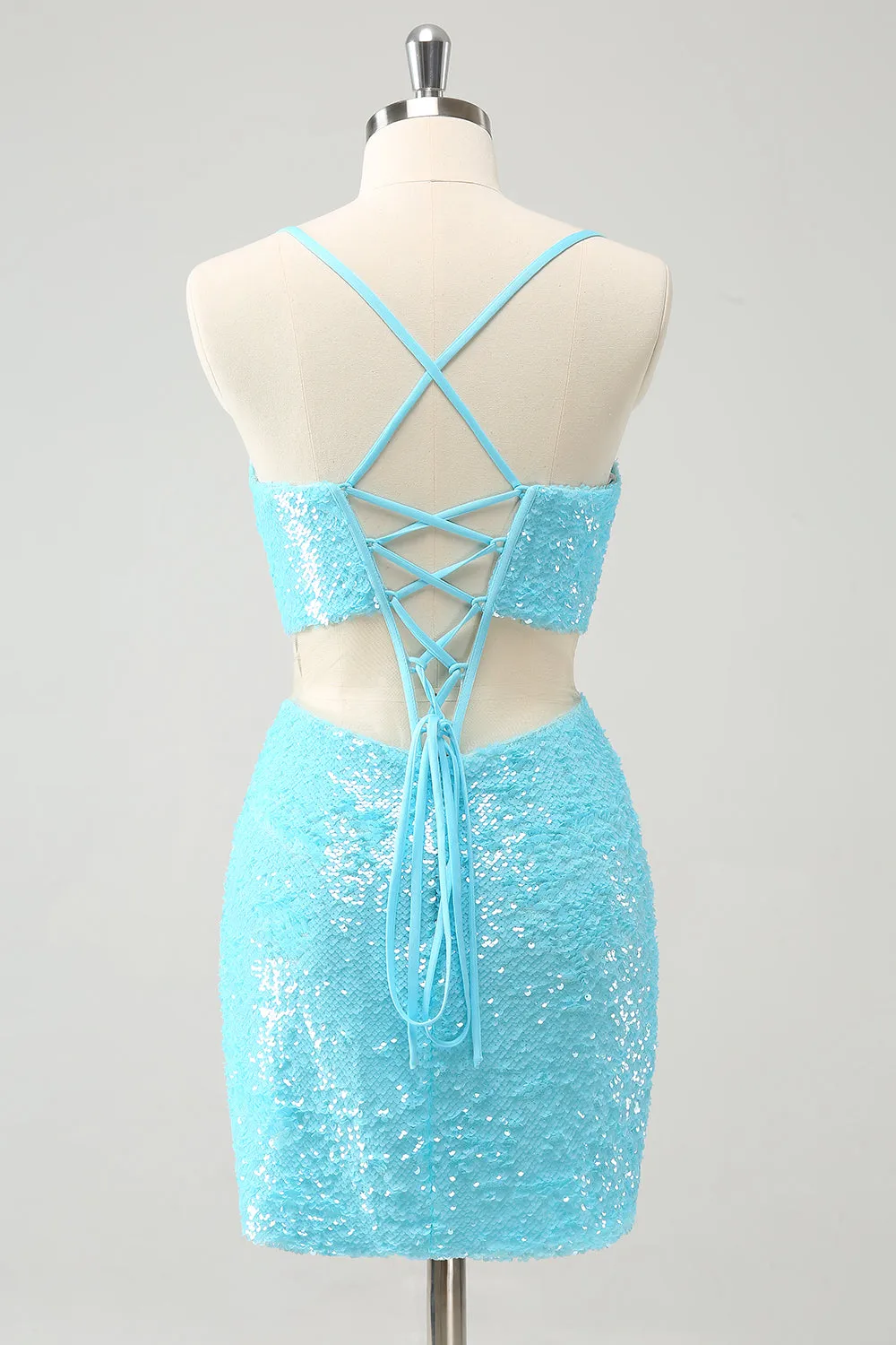 Sparkly Light Blue Spaghetti Straps Sequin Tight Homecoming Dress with Hollow Out sold by Zapaka product image thumbnail 2