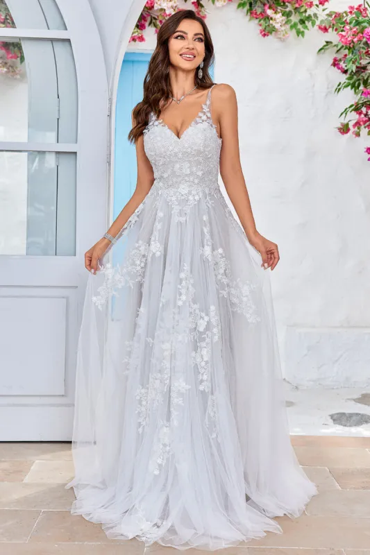 Tulle Backless Ivory Long A Line Wedding Dress with Embroidery sold by Zapaka