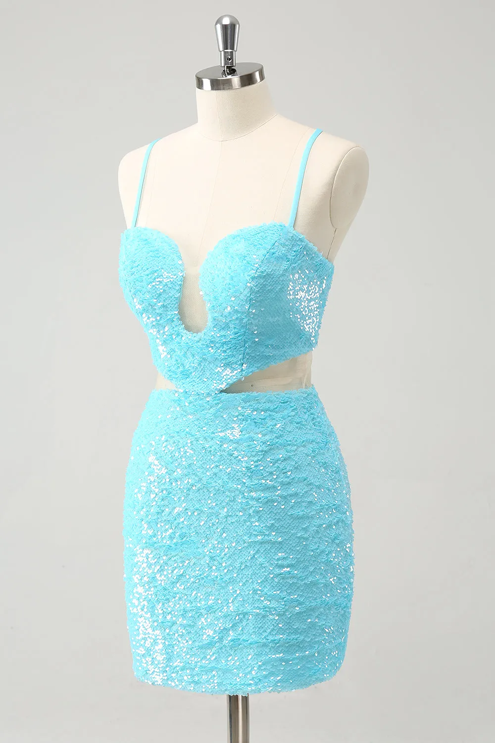 Sparkly Light Blue Spaghetti Straps Sequin Tight Homecoming Dress with Hollow Out sold by Zapaka product image thumbnail 3