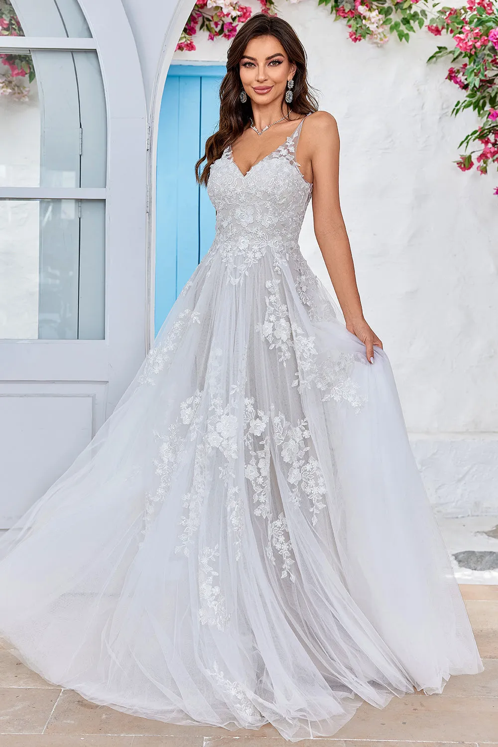 Tulle Backless Ivory Long A Line Wedding Dress with Embroidery sold by Zapaka product image thumbnail 4