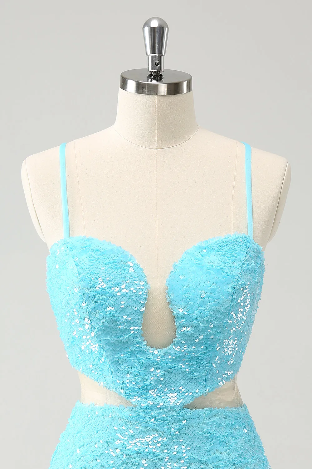 Sparkly Light Blue Spaghetti Straps Sequin Tight Homecoming Dress with Hollow Out sold by Zapaka product image thumbnail 4