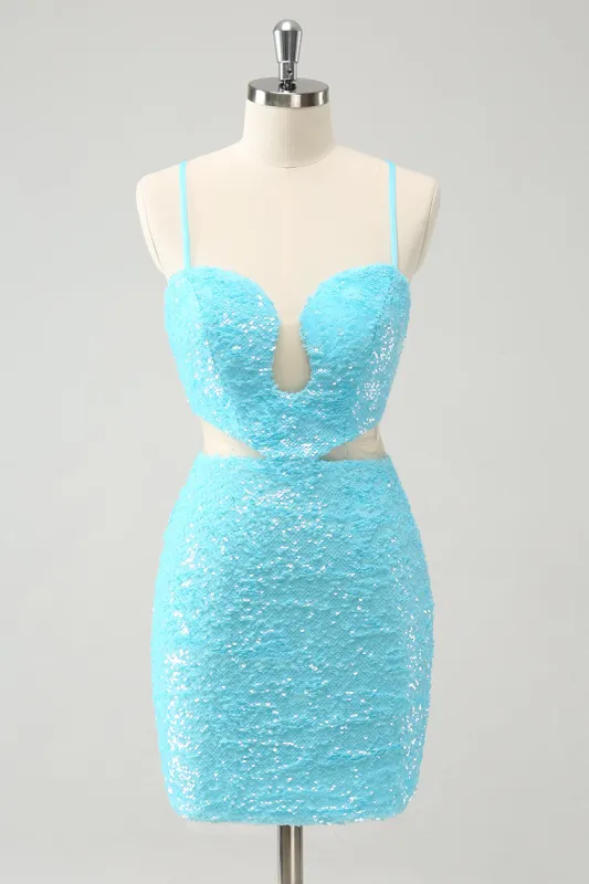 Sparkly Light Blue Spaghetti Straps Sequin Tight Homecoming Dress with Hollow Out sold by Zapaka