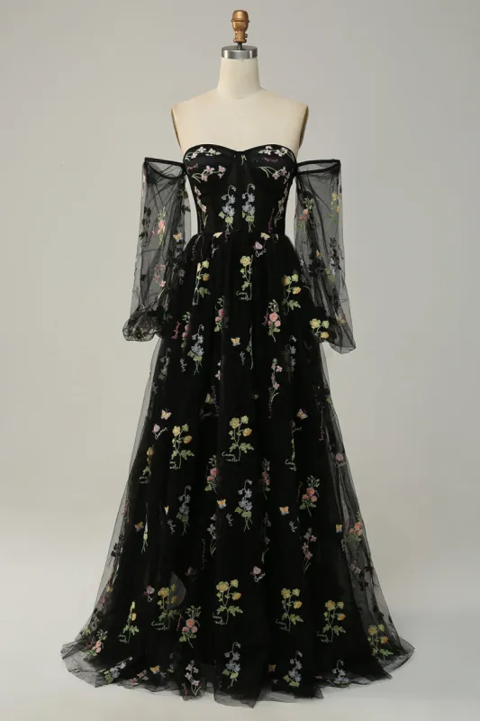 Black Off The Shoulder Long Sleeves A-Line Prom Dress sold by Zapaka