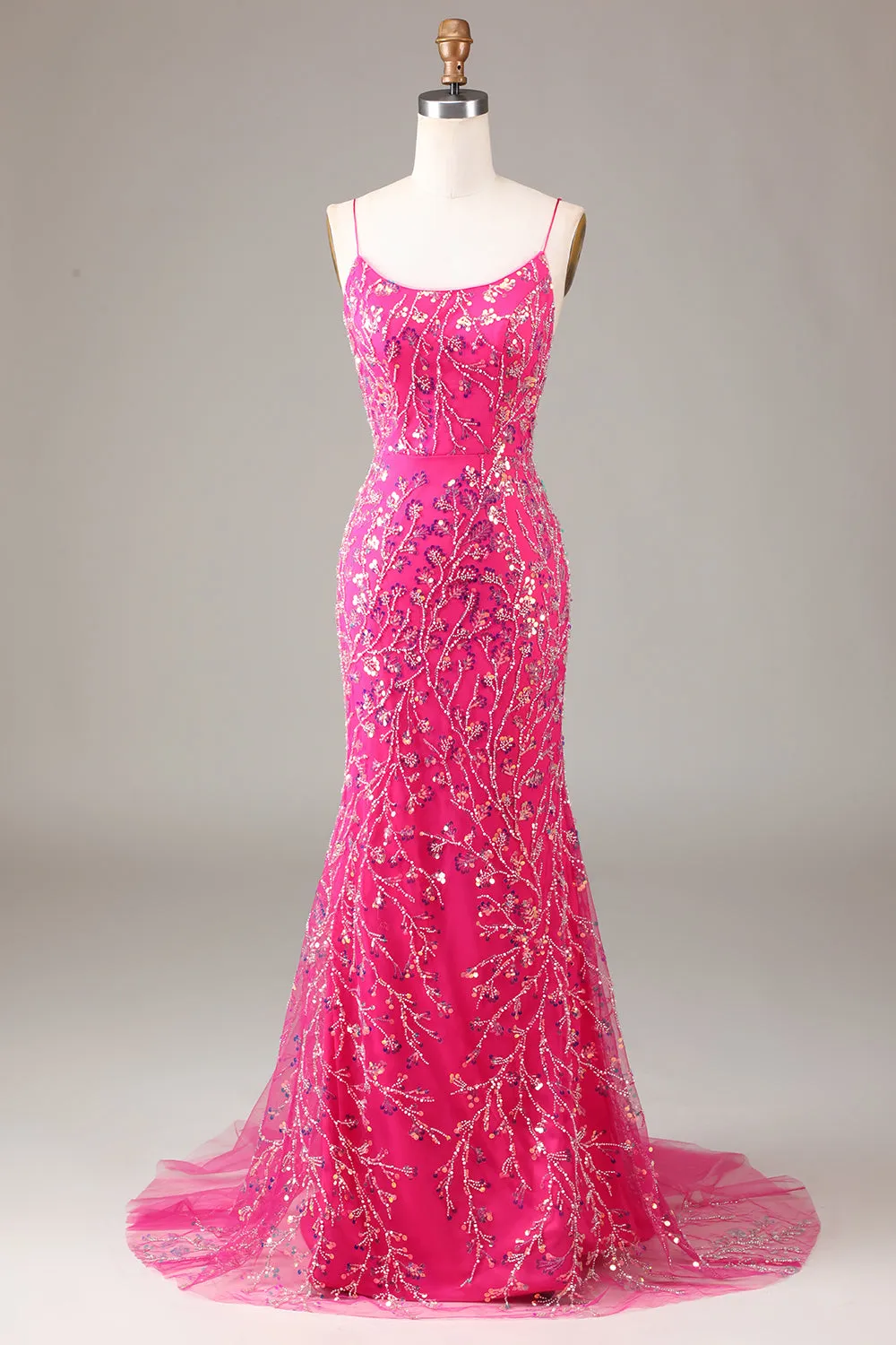 Hot Pink Sequins & Beaded Mermaid Prom Dress with Backless sold by Zapaka