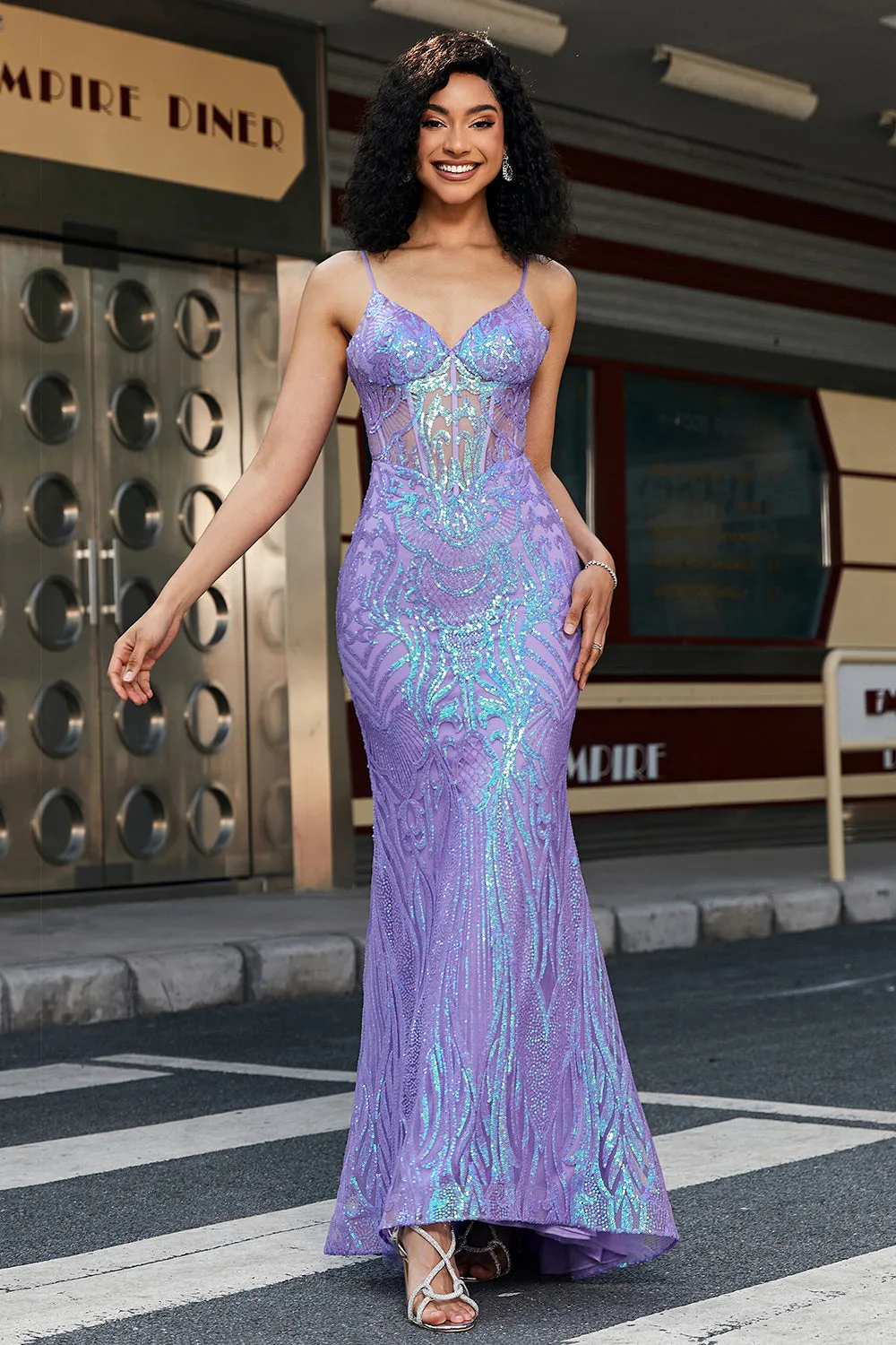 Stylish Mermaid Spaghetti Straps Purple Sequins Corset Prom Dress sold by Zapaka product image thumbnail 4