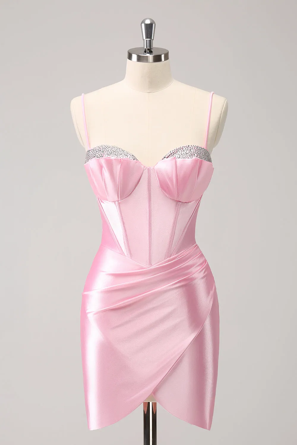 Sparkly Pink Spaghetti Straps Tight Homecoming Dress with Beading sold by Zapaka