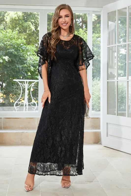 Black Lace A-line Round Neck Short Sleeves Mother of Bride Dress sold by Zapaka