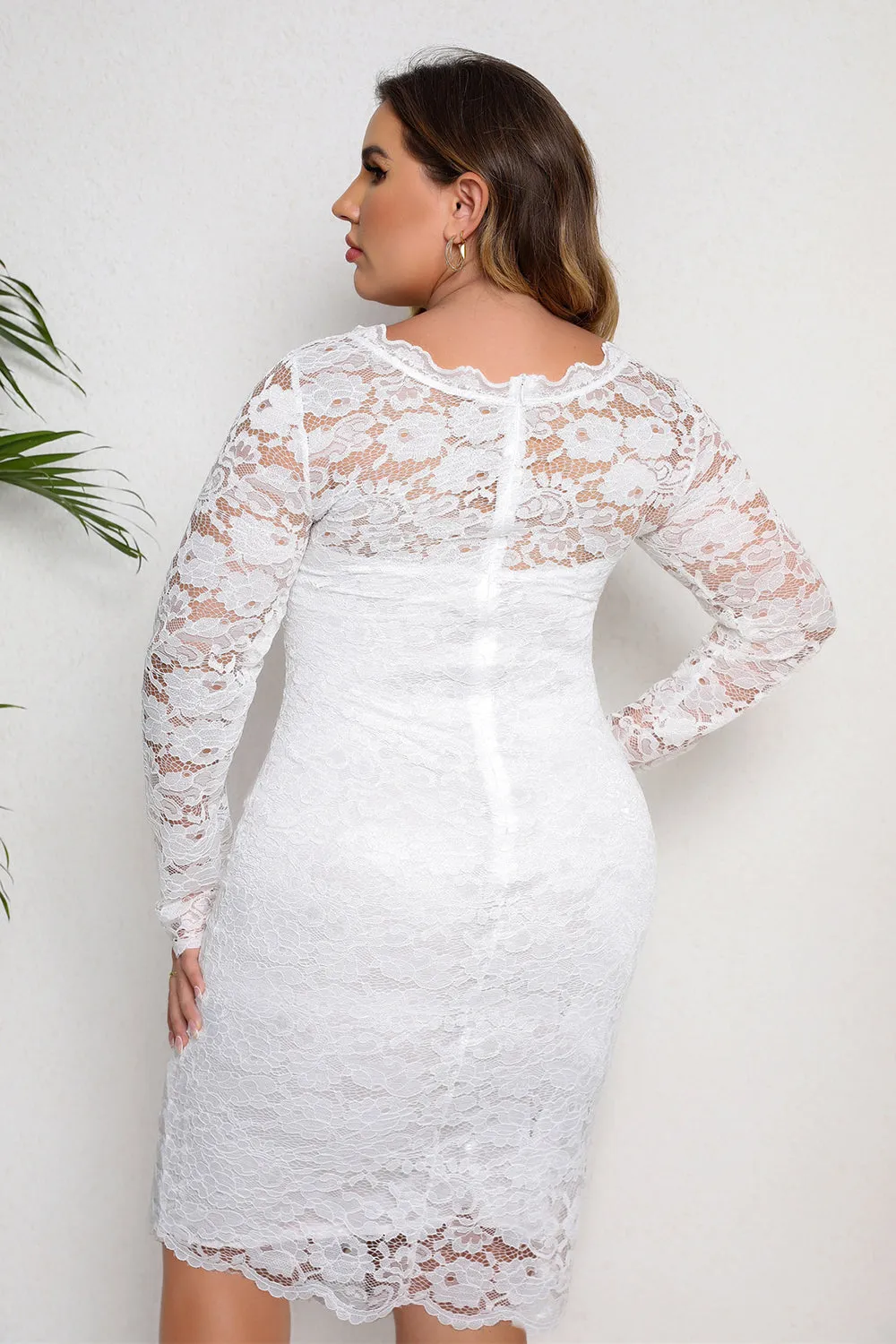 White Bodycon Plus Size Midi Lace Dress With Long Sleeves sold by Zapaka product image thumbnail 2