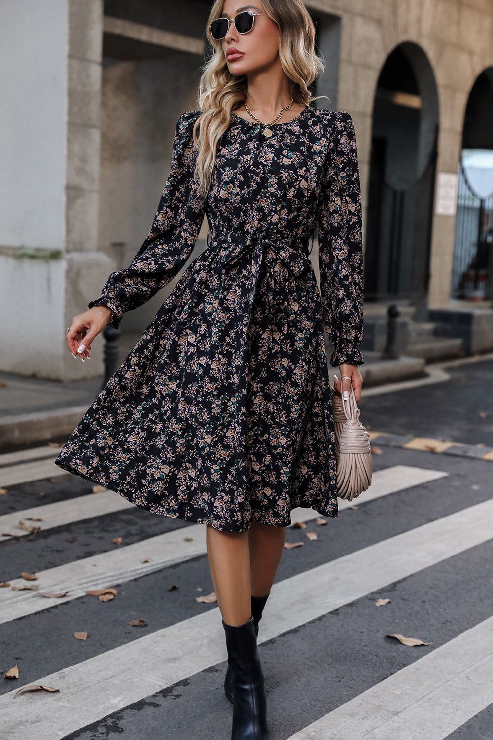 Black Floral Print Long Sleeves Casual Dress sold by Zapaka