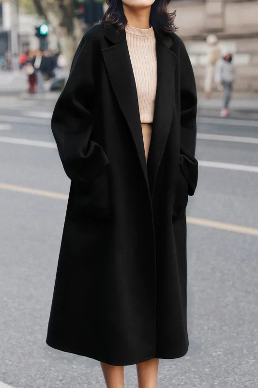 Black Lapel Neck Belted Wool Coat With Pockets sold by Zapaka