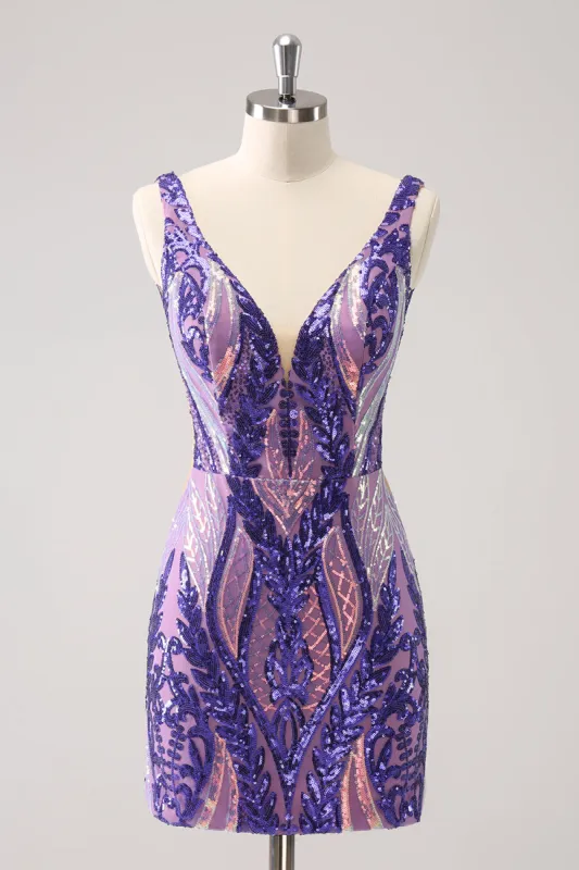 Sparkly Dark Purple Sequined Tight V Neck Homecoming Dress sold by Zapaka