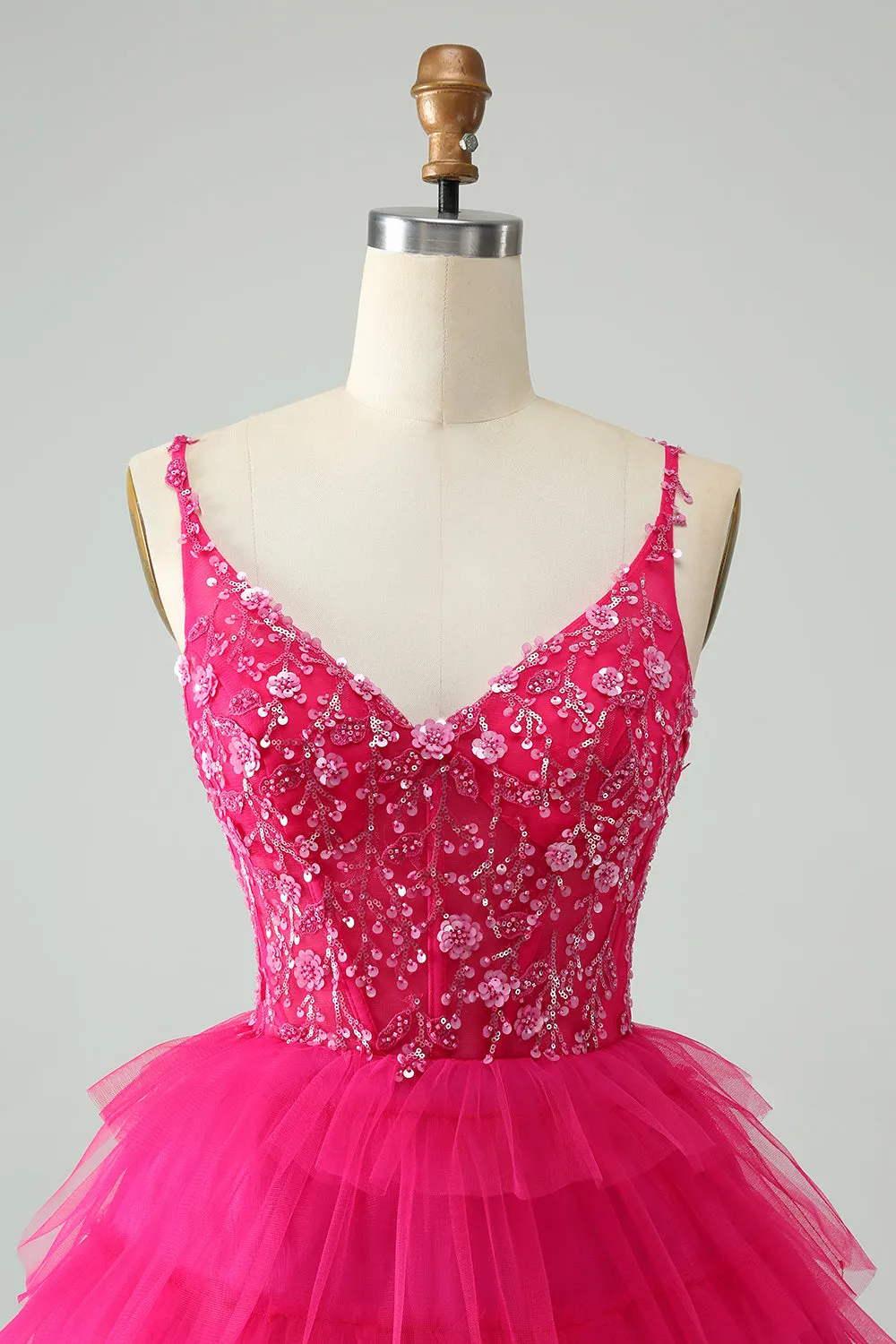 Hot Pink A Line Spaghetti Straps Tulle Tiered Short Homecoming Dress sold by Zapaka product image thumbnail 4
