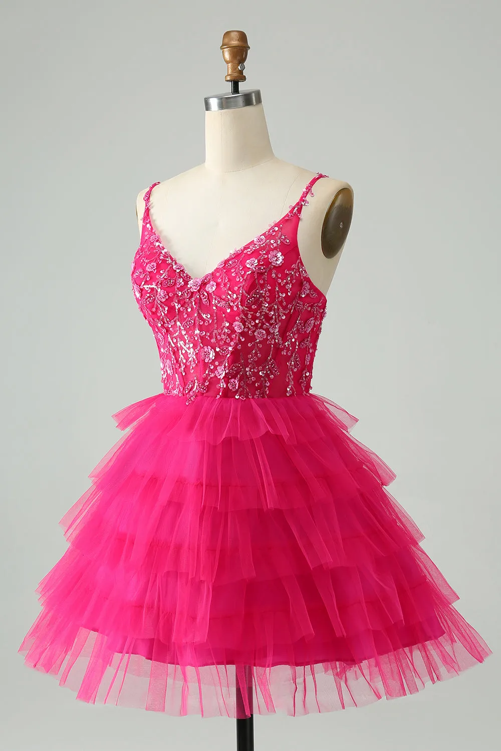 Hot Pink A Line Spaghetti Straps Tulle Tiered Short Homecoming Dress sold by Zapaka product image thumbnail 3