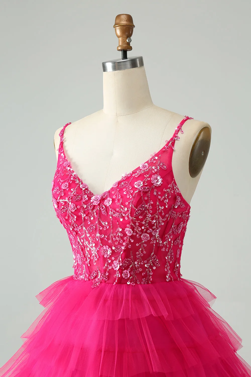 Hot Pink A Line Spaghetti Straps Tulle Tiered Short Homecoming Dress sold by Zapaka product image thumbnail 5