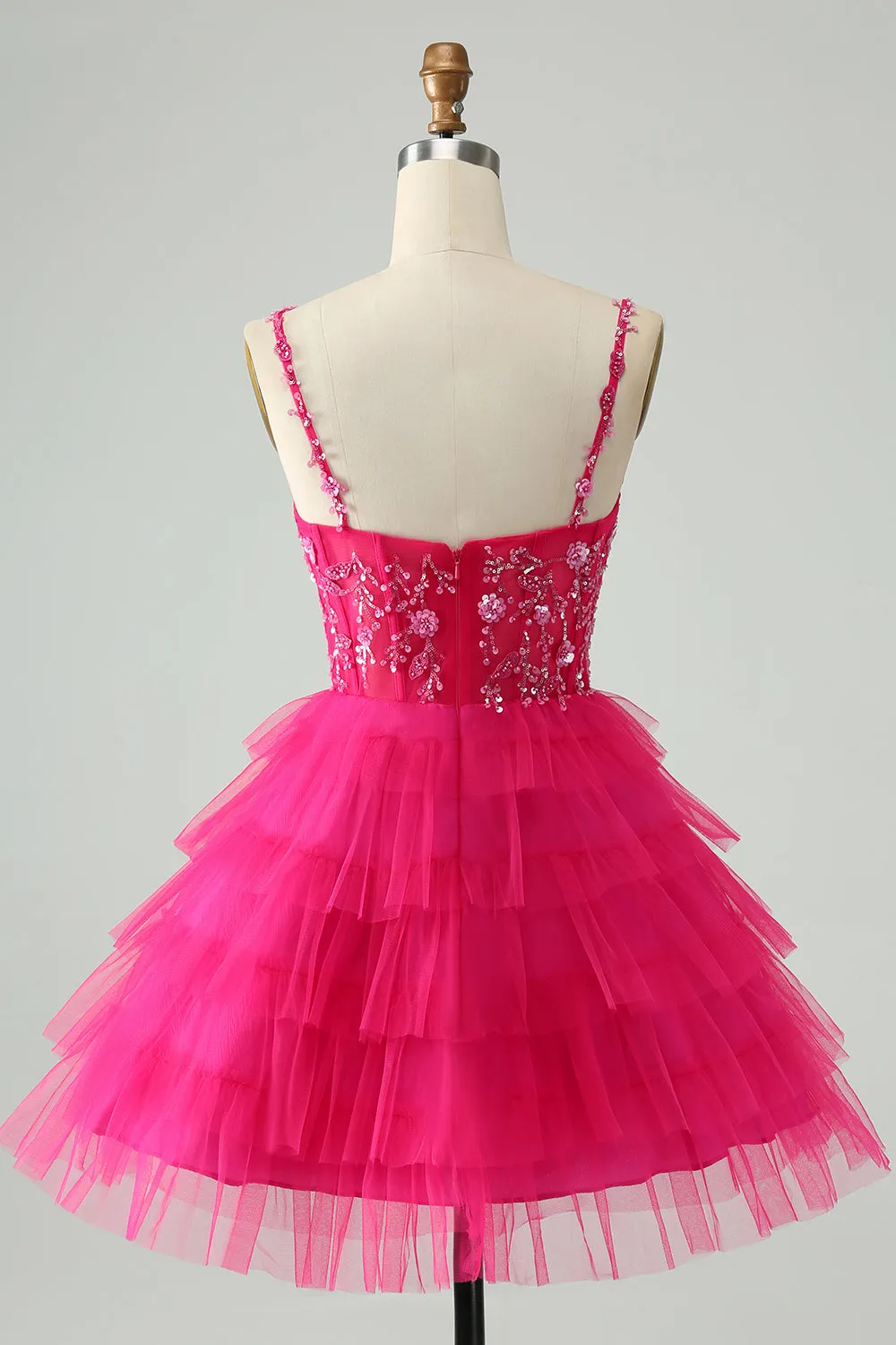 Hot Pink A Line Spaghetti Straps Tulle Tiered Short Homecoming Dress sold by Zapaka product image thumbnail 2