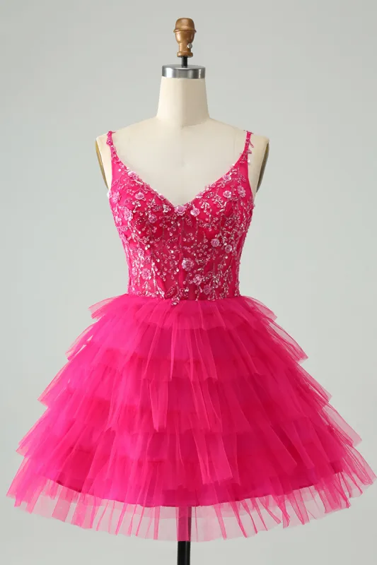 Hot Pink A Line Spaghetti Straps Tulle Tiered Short Homecoming Dress sold by Zapaka