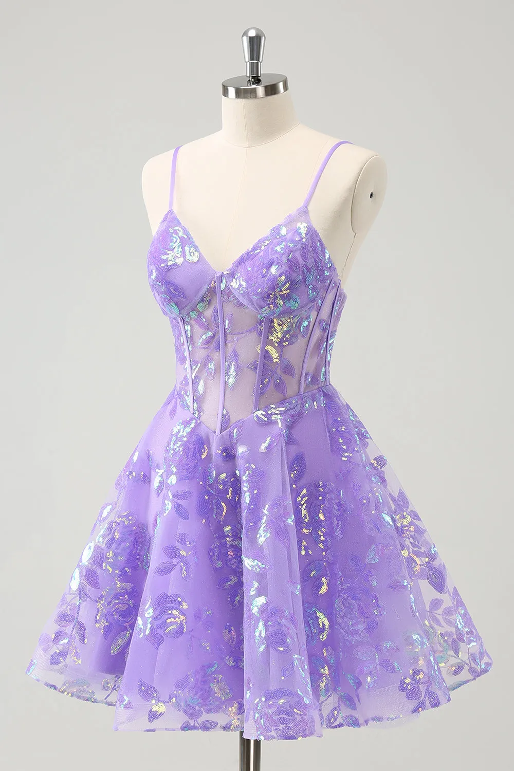 Sparkly Lilac A-Line Spaghetti Straps Sequins Corset Homecoming Dress sold by Zapaka product image thumbnail 3