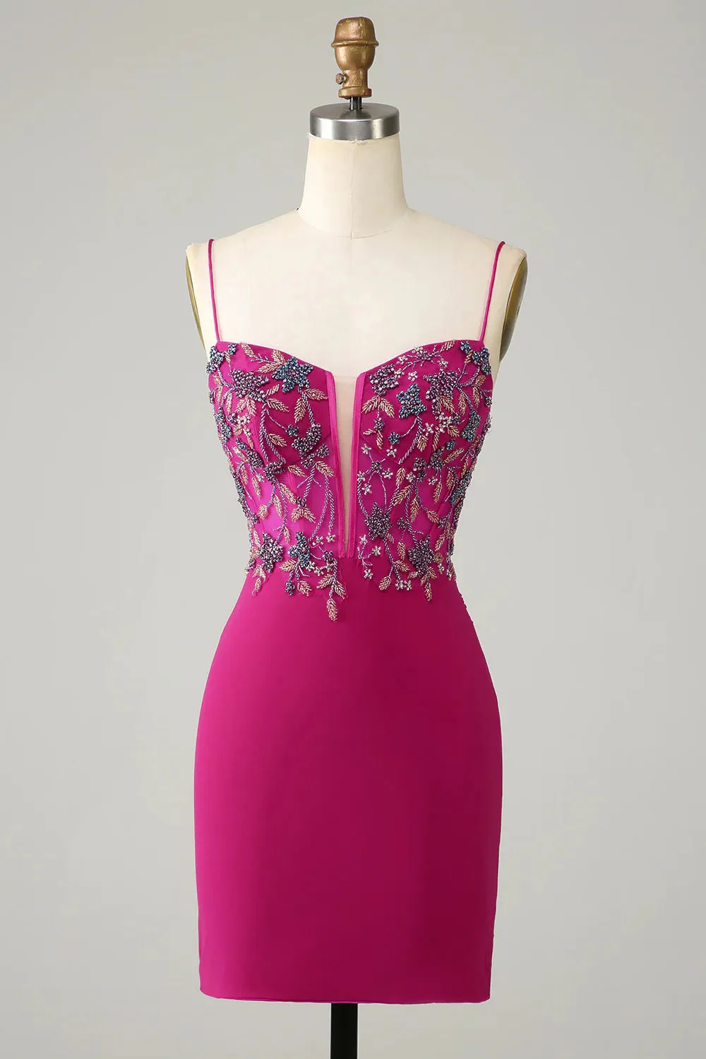 Stylish Bodycon Spaghetti Straps Fuchsia Short Homecoming Dress with Beaded sold by Zapaka
