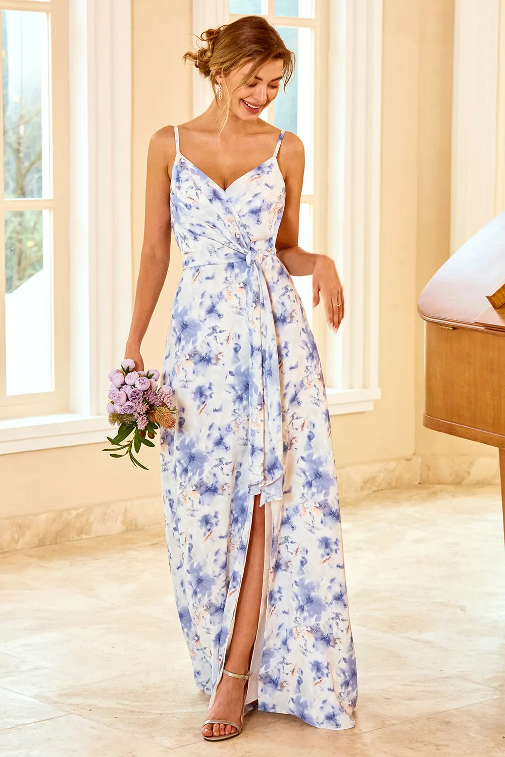 Spaghetti Straps Blue Floral Print Bridesmaid Dress sold by Zapaka product image thumbnail 5