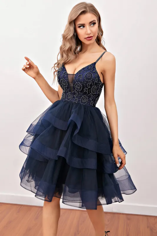 Navy Beaded Short Cocktail Dress sold by Zapaka