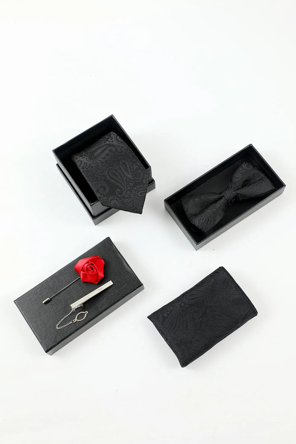Black Jacquard Men's 5-Piece Accessory Set Tie and Bow Tie Pocket Square Flower Lapel Pin Tie Clip sold by Zapaka