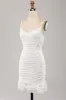 Cute Spaghetti Straps Bodycon Pleated Lace Short White Graduation Dress sold by Zapaka
