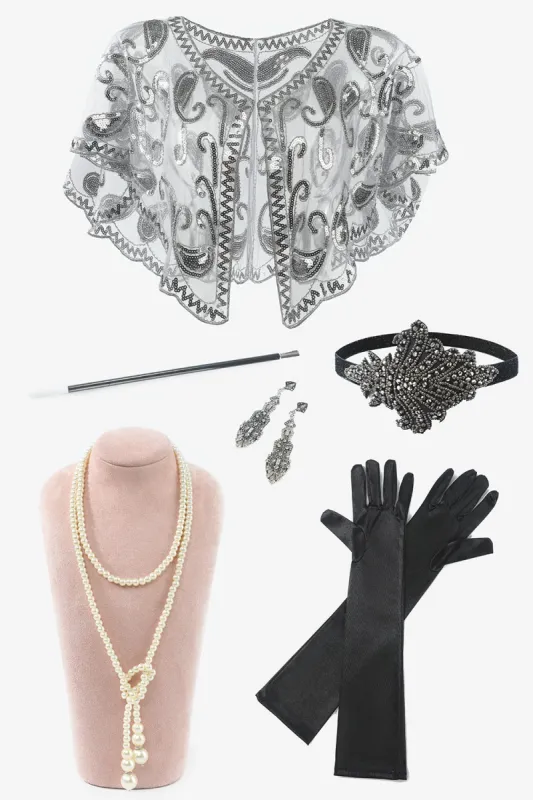 Seven Pieces Necklace Gloves 1920s Party Accessories Set sold by Zapaka