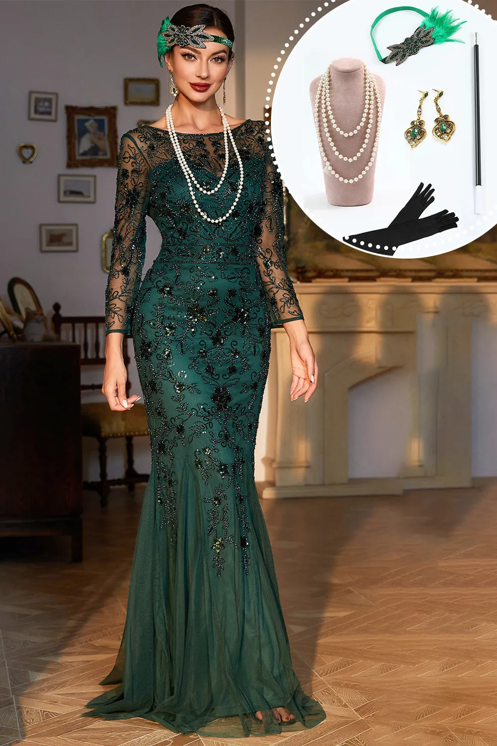 Sparkly Dark Green Sequined Long 1920s Flapper Dress with 20s Accessories sold by Zapaka