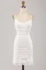 Cute Spaghetti Straps Bodycon Pleated Lace Short White Graduation Dress sold by Zapaka