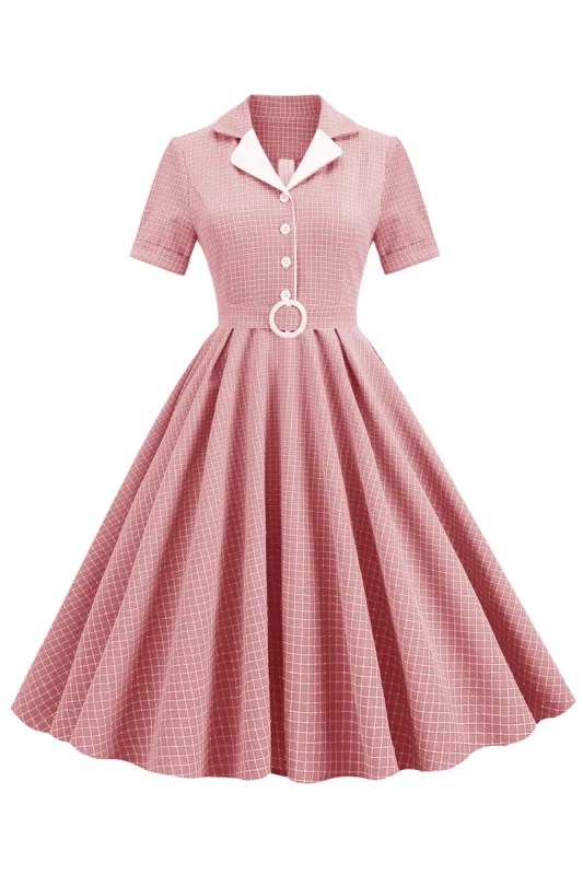 Blush Plaid Swing 1950s Dress with Short Sleeves sold by Zapaka