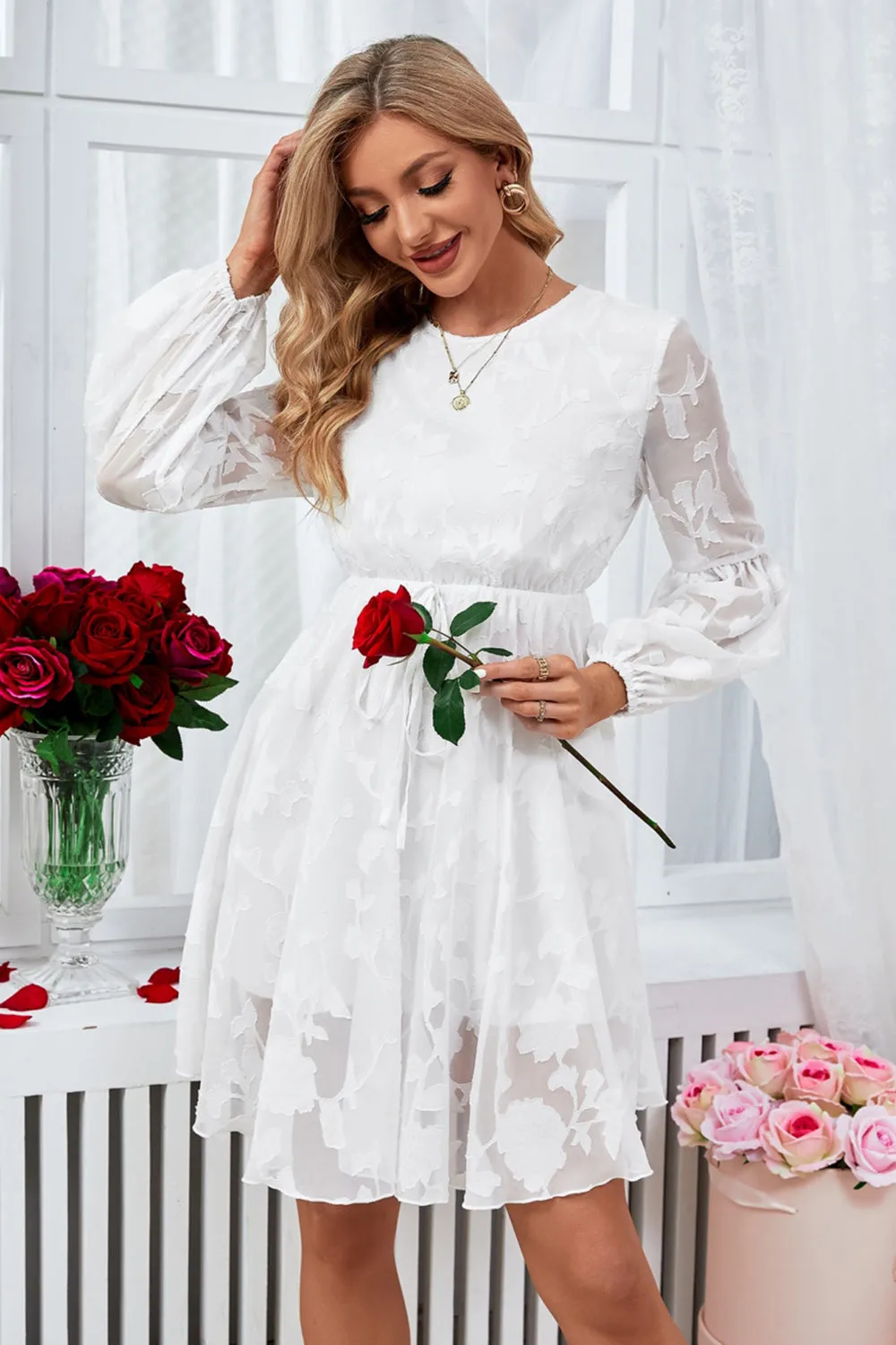 White A-Line Round Neck Graduation Dress With Long Sleeves sold by Zapaka product image thumbnail 3